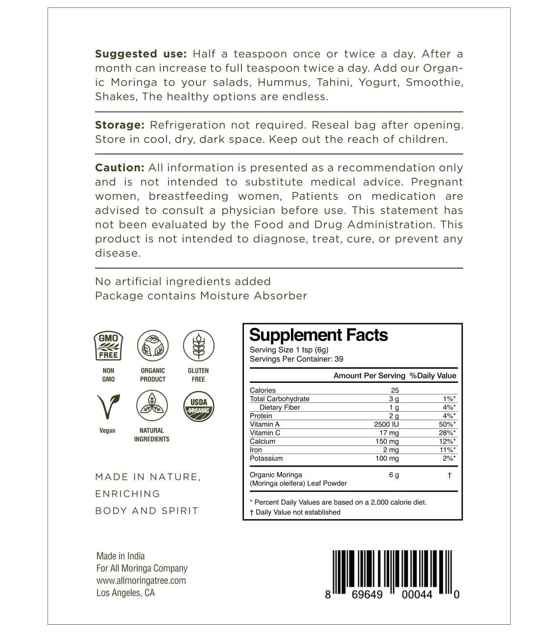 Premium Organic Moringa Oleifera Leaf Powder, Raw, Pure, Non GMO